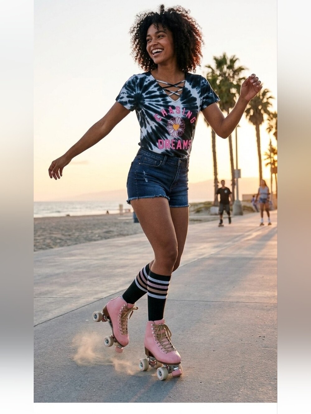 Chasing Dreams Tie-Dye Short Sleeve Tee - Black & White with Pink Accent
